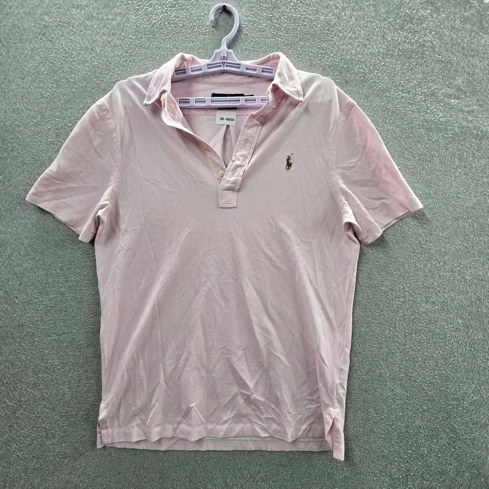 Ralph Lauren Women Polo M Pink Embroidered Knit Oxford Button Logo Short Sleeve
